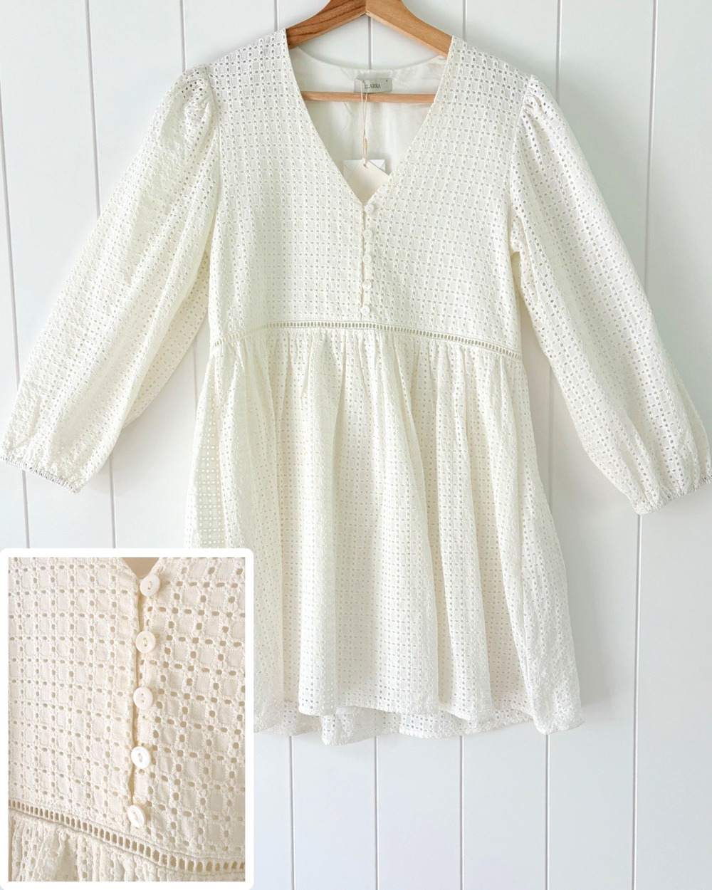 Klarra Maha Crochet Mini Dress Cotton Eyelet Cream White V-neck Lace Pockets S
